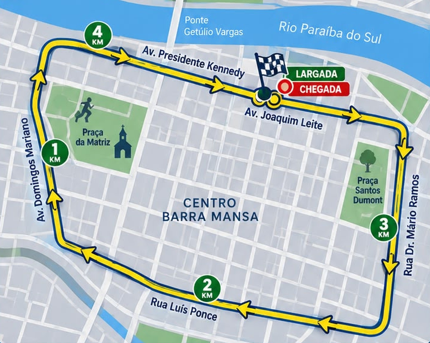 Mapa do percurso de 5 km da CDL Run pelo Centro de Barra Mansa, com largada e chegada na Av. Joaquim Leite